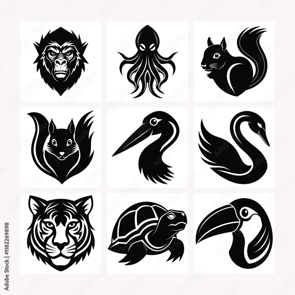 Obraz premium squid,squirrel, stork, swan, ape head bundle silhouette logo style vector design