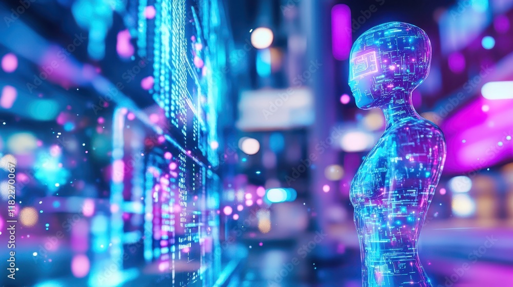 Cybernetic Cityscape: A futuristic female robot interacts with a vibrant holographic display in a neon-lit cityscape. Cybernetic Cityscape: A futuristic female robot interacts with a vibrant holographic display in a neon-lit cityscape.