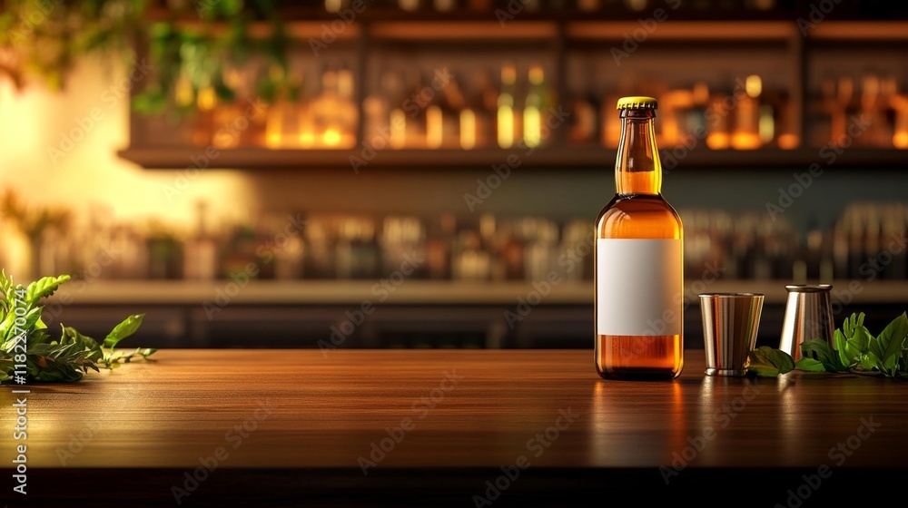 Beer Bottle Mockup on a Sleek Bar Counter. Generative AI Beer Bottle Mockup on a Sleek Bar Counter. Generative AI