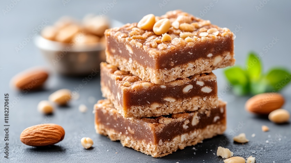 Three brownies stacked on top of each other with nuts on the bottom Three brownies stacked on top of each other with nuts on the bottom