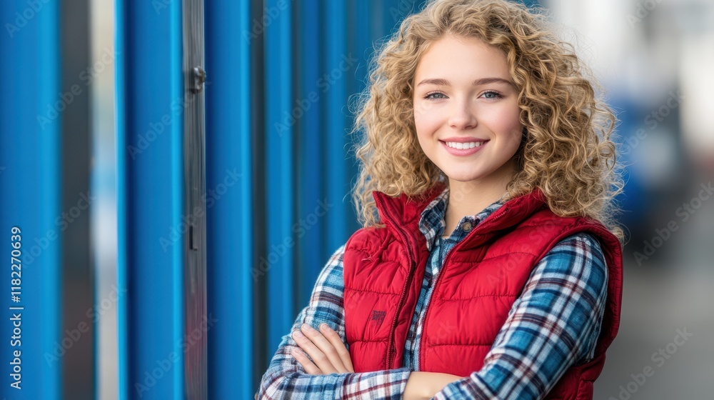 Confident and Stylish: A young woman with curly blonde hair exudes confidence, wearing a red vest over a plaid shirt, her arms crossed, standing before a backdrop of blue glass panels. Confident and Stylish: A young woman with curly blonde hair exudes confidence, wearing a red vest over a plaid shirt, her arms crossed, standing before a backdrop of blue glass panels.