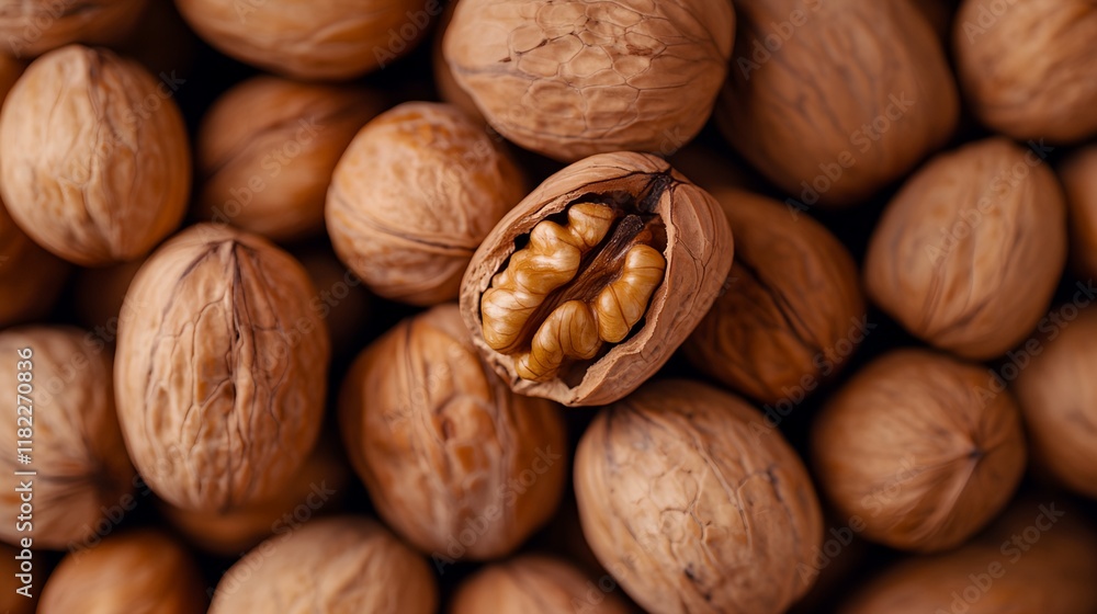 Close up of a bunch of walnuts with one of them open Close up of a bunch of walnuts with one of them open