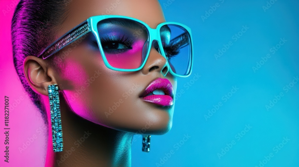 Neon Chic: A striking portrait of a Black woman wearing bold, oversized sunglasses, radiant in vibrant neon lighting. The image exudes confidence and style. Neon Chic: A striking portrait of a Black woman wearing bold, oversized sunglasses, radiant in vibrant neon lighting. The image exudes confidence and style.