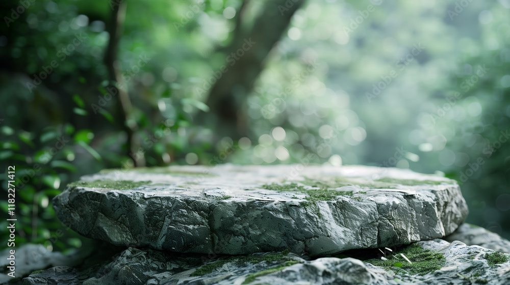 Stone podium in serene forest landscape
