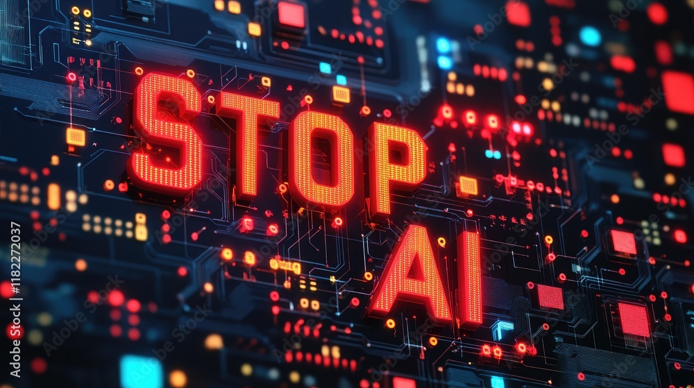 Neon protest signs highlighting 'Stop AI', AI generated Neon protest signs highlighting 'Stop AI', AI generated