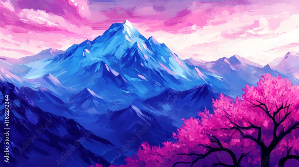 Fototapeta premium Pink Blossom Tree and Blue Majestic Mountain Range