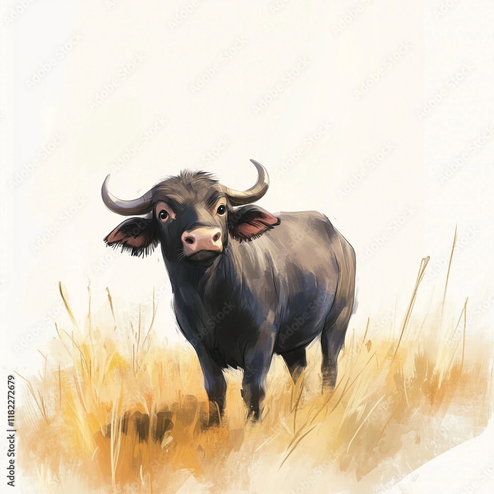 Illustration of the Water Buffalo, soft watercolor tones, white background, detailed illustration, cartoonish. Illustration of the Water Buffalo, soft watercolor tones, white background, detailed illustration, cartoonish.