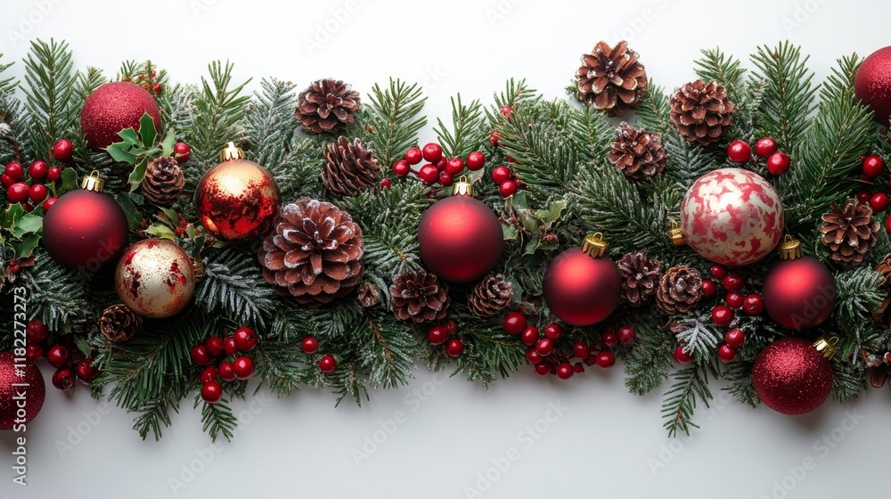 Christmas Garland with Red Baubles and Pinecones. Generative AI Christmas Garland with Red Baubles and Pinecones. Generative AI