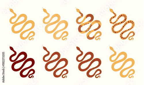 2025 Lunar New Year collection; snakes with traditional Chinese patterns; paper cut; silhouette; red and gold. Isolated clipart. Flat; line art vector illustration. Card; banner; design elements set