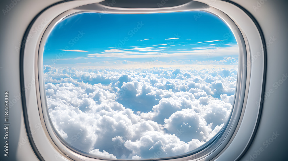 A view of clouds and sky from an airplane window. A view of clouds and sky from an airplane window.
