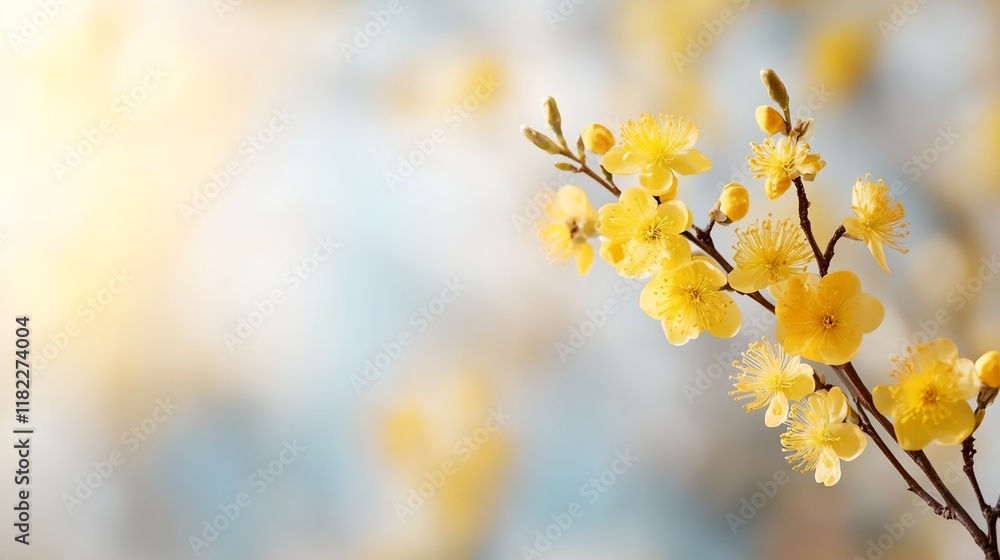 Yellow Mimosa flower with a blue background Yellow Mimosa flower with a blue background