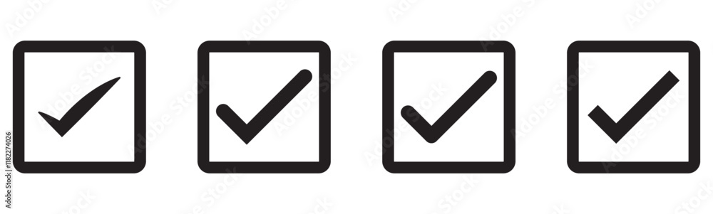 checkmark vector icon design concept. Tick icon vector symbol, checkmark isolated on white background, checked icon or correct choice sign, check mark or checkbox pictogram. Black checkmark icon set. checkmark vector icon design concept. Tick icon vector symbol, checkmark isolated on white background, checked icon or correct choice sign, check mark or checkbox pictogram. Black checkmark icon set.