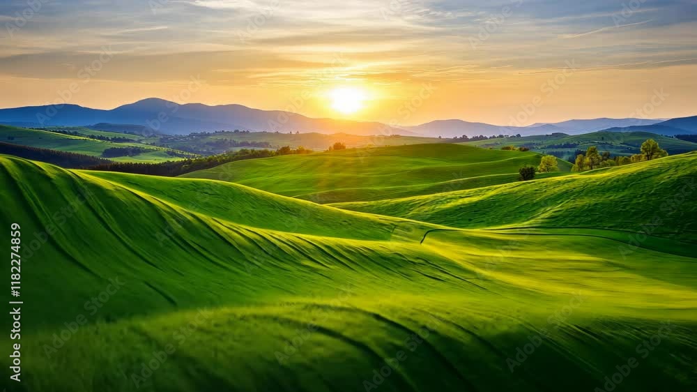Beautiful sunset over rolling green hills with distant mountains in the background Beautiful sunset over rolling green hills with distant mountains in the background