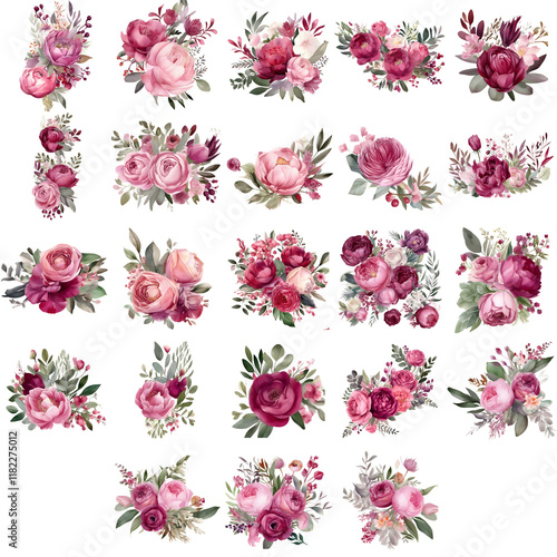 Vibrant floral arrangements featuring peonies, roses, and greenery in soft pink and burgundy hues, generative ai