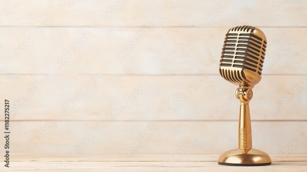 Fototapeta premium Golden Microphone on Stage Spotlight