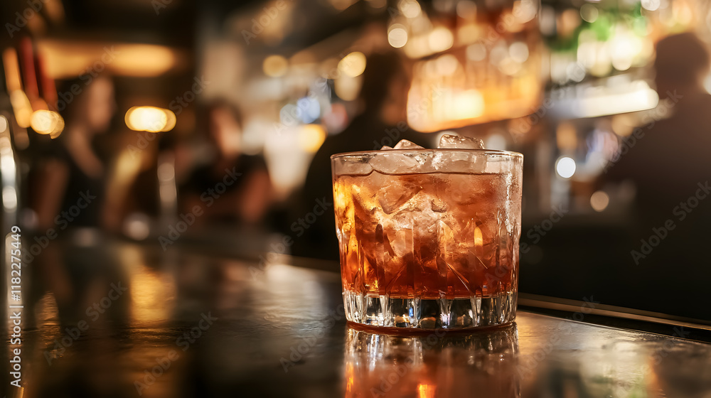 A close-up of a cocktail highlights the icy drink, set against a blurred bar background. A close-up of a cocktail highlights the icy drink, set against a blurred bar background.