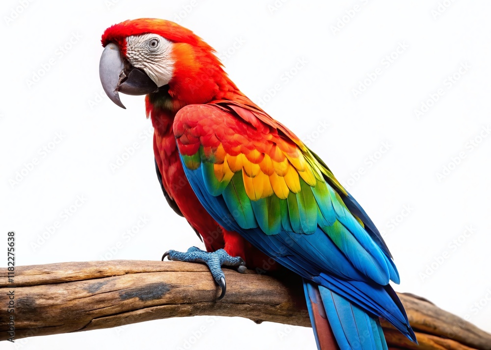 Fototapeta premium Vibrant Macaw Bird Perched on Branch, Isolated White Background Stock Photo