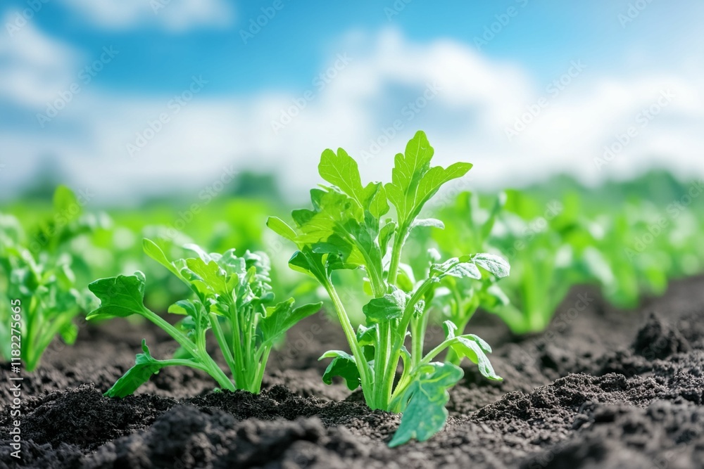 Field of green plants with a blue sky in the background Field of green plants with a blue sky in the background