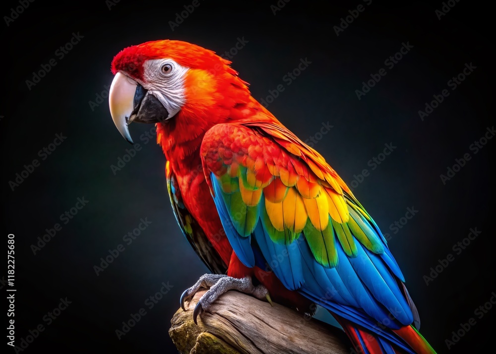 Obraz premium Vibrant Macaw Parrot Isolated on Black Background - High-Resolution Stock Photo