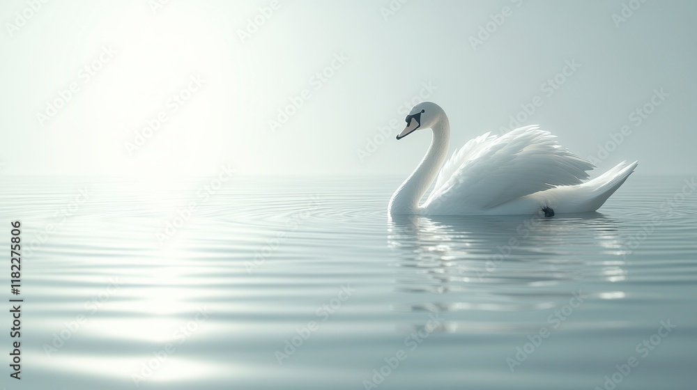 Elegant white swan gracefully floats on calm water at sunrise. Elegant white swan gracefully floats on calm water at sunrise.