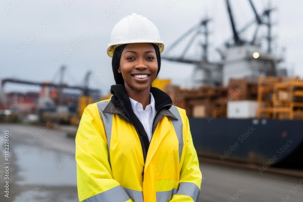 Portrait of a smiling female engineer at a dockyard Portrait of a smiling female engineer at a dockyard