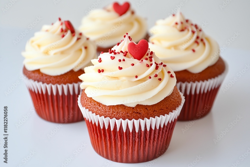 Four cupcakes with red frosting and white frosting with red hearts on top Four cupcakes with red frosting and white frosting with red hearts on top