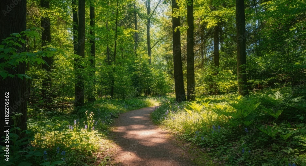 Fototapeta premium Serene forest path surrounded by lush green trees and plants