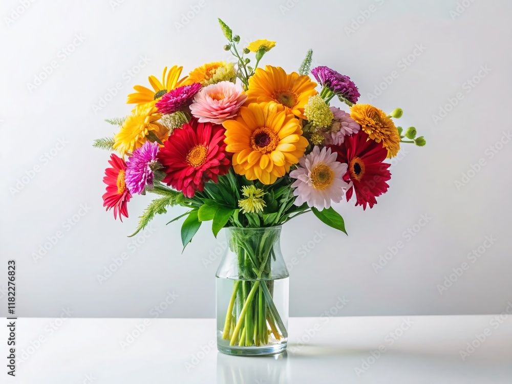 Fototapeta premium Vibrant Multicolored Flower Bouquet, Minimalist White Background Stock Photo
