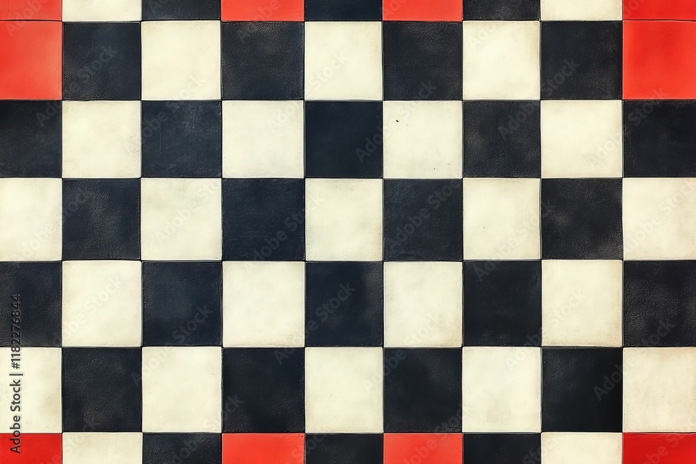 Checkerboard pattern; black, white, red squares. Checkerboard pattern; black, white, red squares.