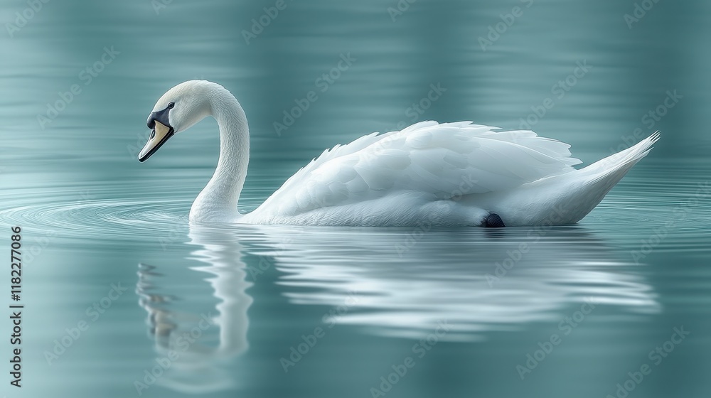 Fototapeta premium Elegant white swan gracefully gliding on calm, teal water, its reflection mirrored perfectly.