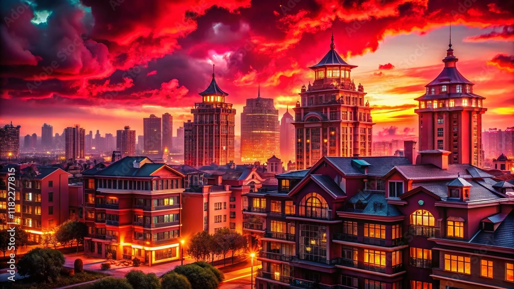 Fototapeta premium Vibrant Night Lightscape: Red Sky, Architectural Silhouette, Colorful Illumination