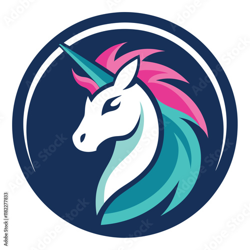 A sleek, stylish unicorn mascot logo within a circle, featuring bold lines, vibrant colors, and a modern, dynamic design that embodies elegance and magic.