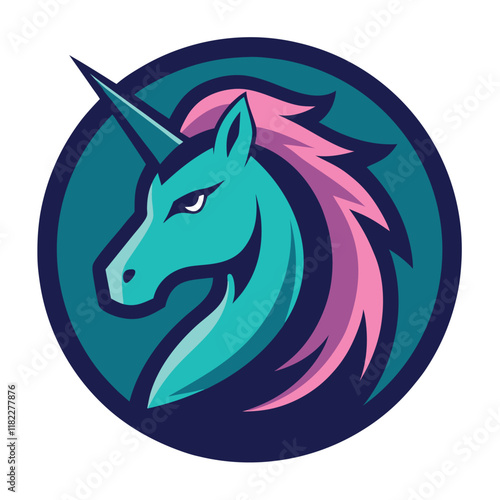 A sleek, stylish unicorn mascot logo within a circle, featuring bold lines, vibrant colors, and a modern, dynamic design that embodies elegance and magic.