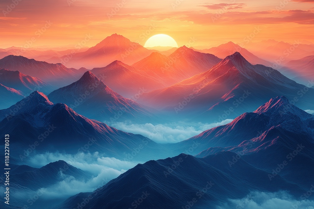 Expansive mountain landscape at sunset with vibrant colors and soft clouds Expansive mountain landscape at sunset with vibrant colors and soft clouds