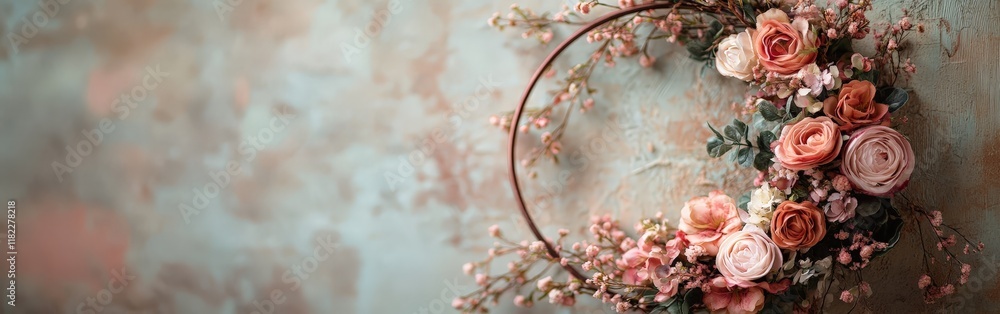 Fototapeta premium Delicate flower hoop setup with pink blooms on a vintage wall. Keywords include wedding, maternity, photography, and elegance. Ideal for photoshoots and event decorations.