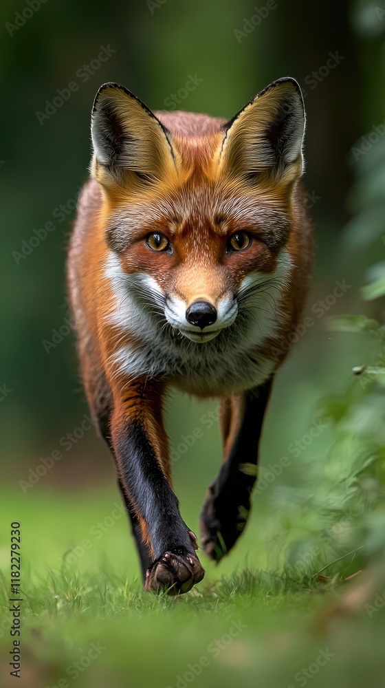 A close-up of a fox walking through a lush green environment. A close-up of a fox walking through a lush green environment.