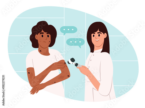Skin diseases. Diagnosis of skin cancer. The doctor examines the patient's skin diseases using a dermoscope. Vector illustration