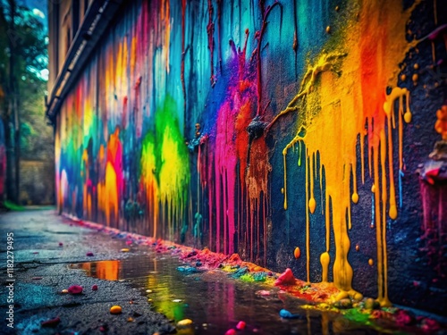 Vibrant Paint Explosion on Dark Urban Wall - Abstract Graffiti Art