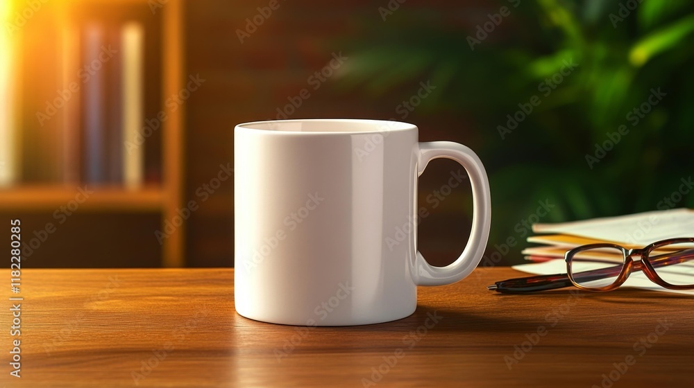 Fototapeta premium White Mug Mockup in a Cozy Workspace Setting. Generative AI