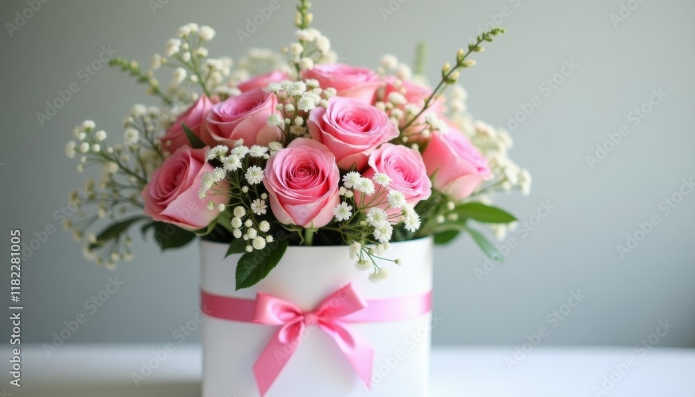 Obraz premium Bouquet of flowers in white box. Woman's Day, Valentine's day concept. Birthday