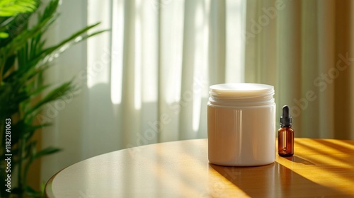 Cream Jar and Essential Oil in a Sunlit Room. Generative AI photo