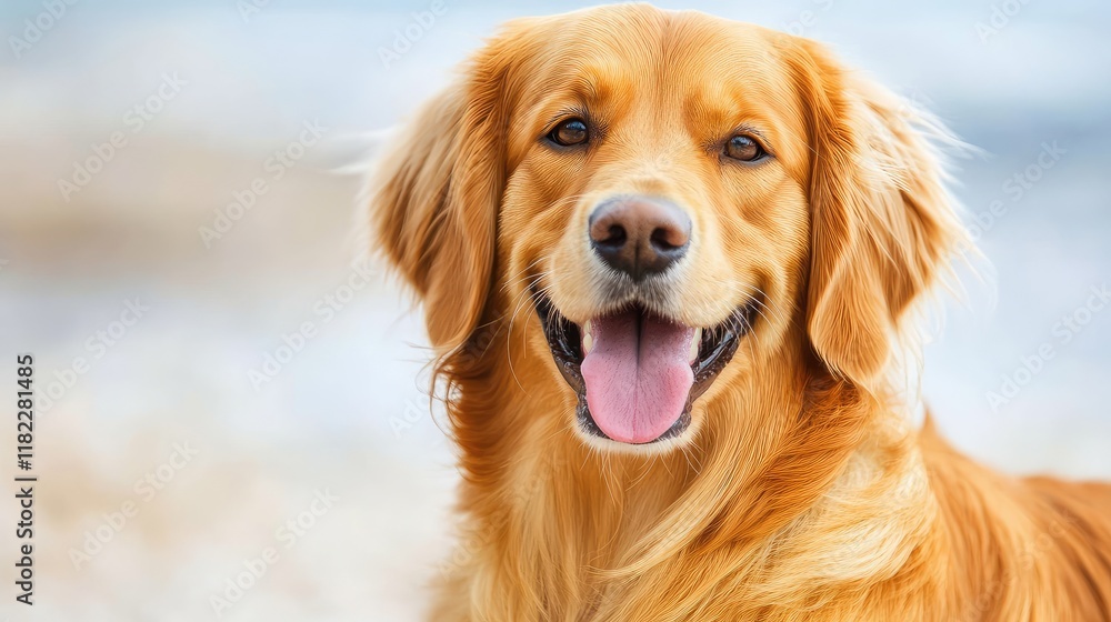 A cheerful golden retriever smiling at the camera on a beach. A cheerful golden retriever smiling at the camera on a beach.