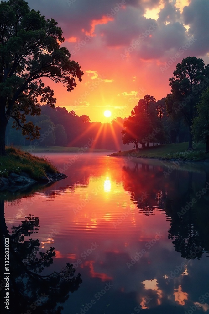 Obraz premium Sunset over the pond with ripples in the water, ripples, pond, calm