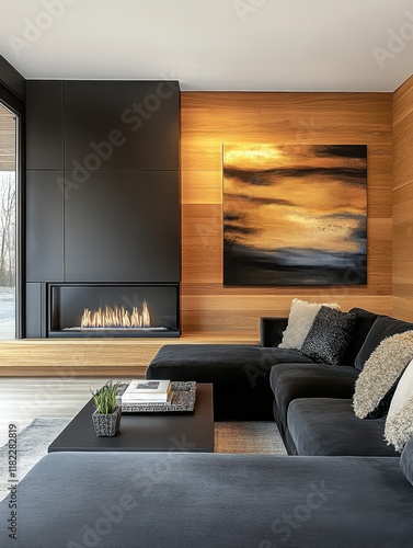 modern minimalist living room, large black sectional sofa, wooden wall panels, abstract geometric artwork, warm lighting, sleek coffee table, neutral color palette, luxury interior design, cozy ambian photo