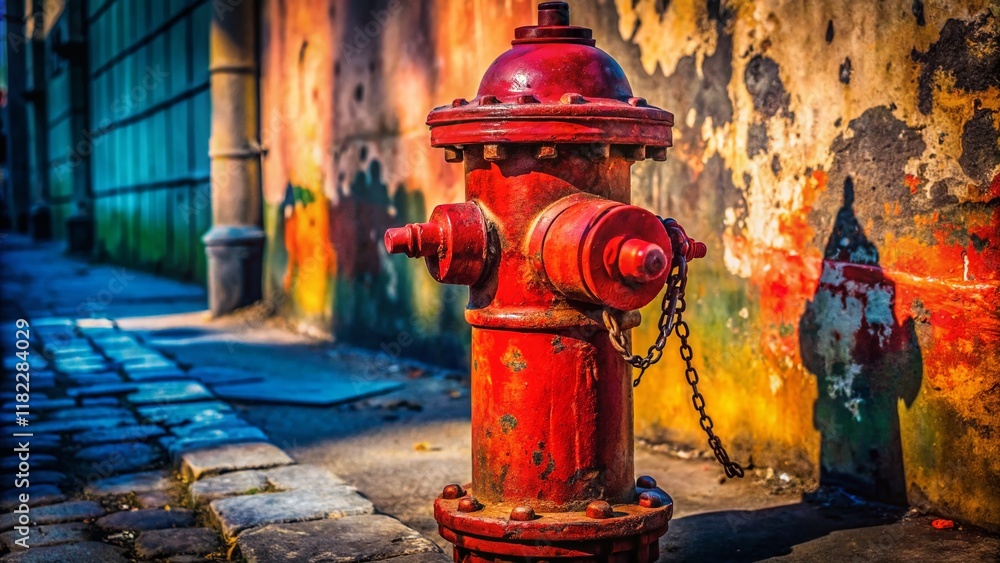 Vibrant Red Fire Hydrant Close-Up: Urban Detail Stock Photo Vibrant Red Fire Hydrant Close-Up: Urban Detail Stock Photo