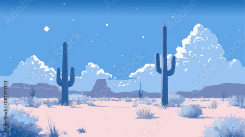 Pixel art desert landscape showing giant saguaro cacti at night under cloudy sky