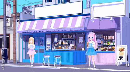 Two girls standing in front of a japanese cafe holding drinks and food
