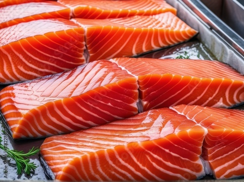 Fresh salmon fillets prepared for sushi and sashimi at a seafood market in the afternoon photo