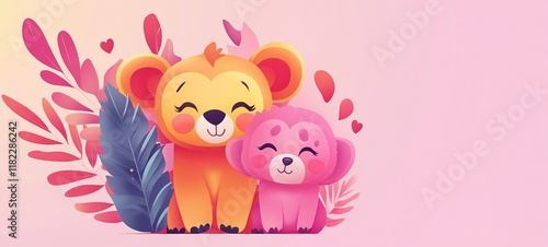 a lion cub and a monkey smiling together, cartoon illustration cute baby animal Valentine's day love theme, cute nursery fairytale vibes photo