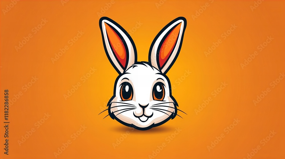 Fototapeta premium Adorable cartoon rabbit illustration with big eyes and orange ears against a warm orange background.